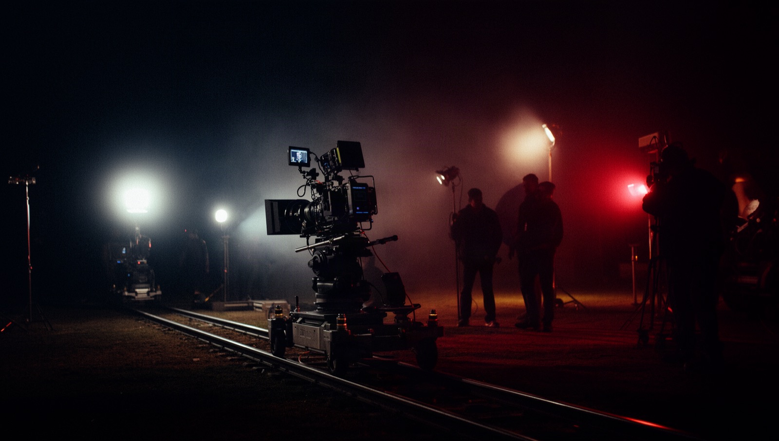 Cámara de cine en un dolly durante un rodaje nocturno